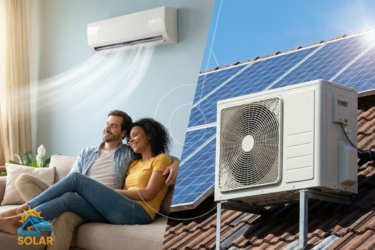 Ar condicionado de uma lado e do outro a condesadora com placas solares.