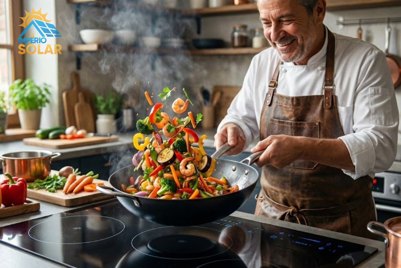 Um cozinheiro salteando alguns legumes em uma panela, em um fogão de indução.