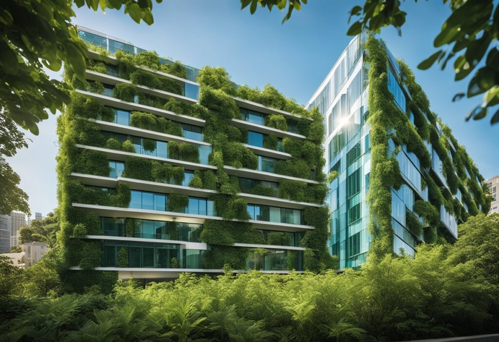 Um edifício com muitas plantas pelas janelas LEED