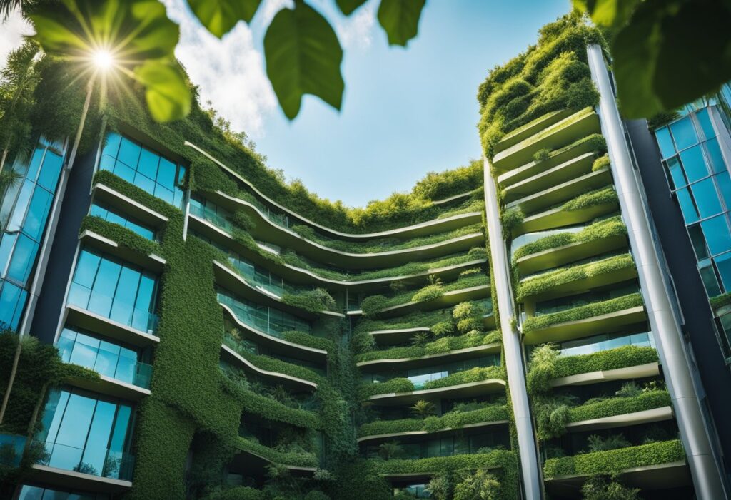 Um edifício com muitas plantas pelas janelas