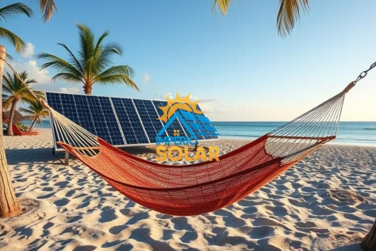 Uma rede de descanso com um coqueiro e ao fundo placas solares e a praia.