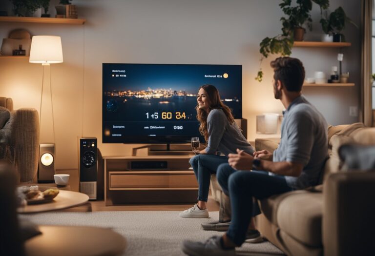 Casal assistindo TV em sala de estar.