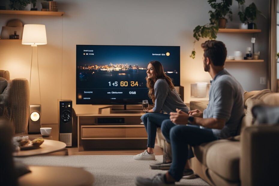 Casal assistindo TV em sala de estar.