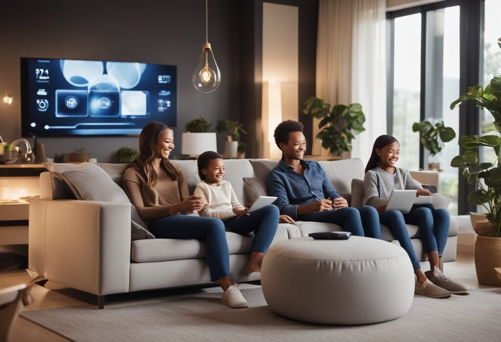 Família reunida em um sofá se divertindo com eletrônicos.