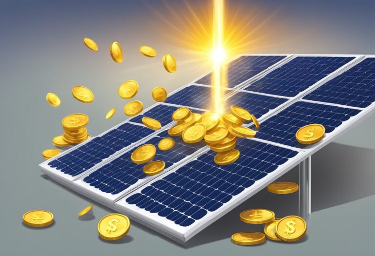 Dinheiro caindo em cima de painéis solares, simbolizando economia