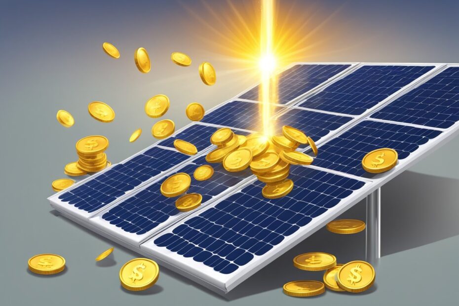 Dinheiro caindo em cima de painéis solares, simbolizando economia