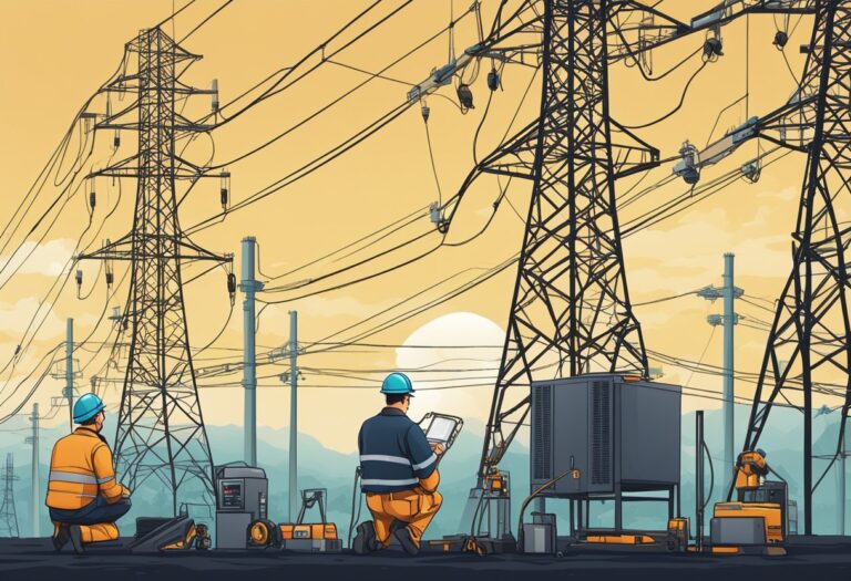 Homens ao lado de torres de energia eletrica.