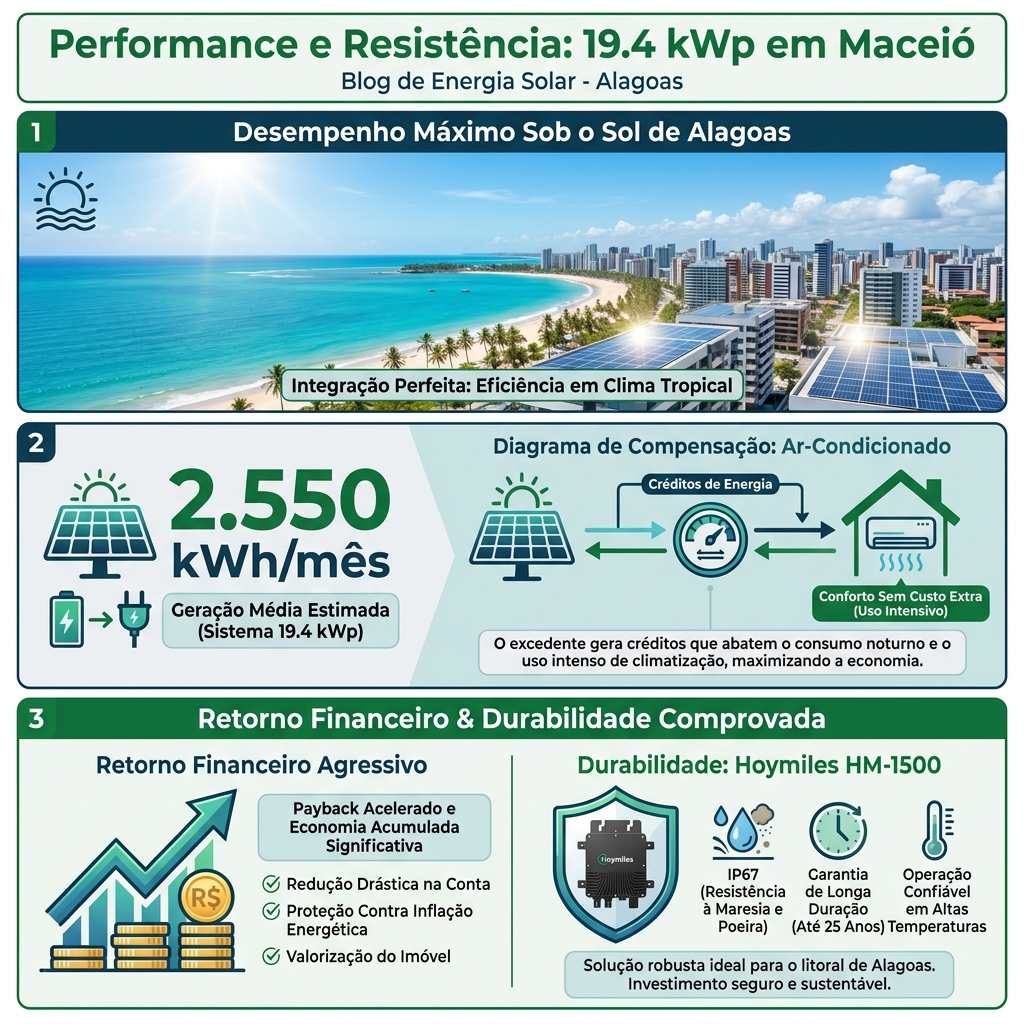 A geração de 2.550 kWh/mês por este sistema em Maceió cria uma equação econômica dupla: ela resolve a conta de energia da unidade geradora e, ao mesmo tempo, entrega créditos de energia real para a empresa de ar-condicionado parceira.