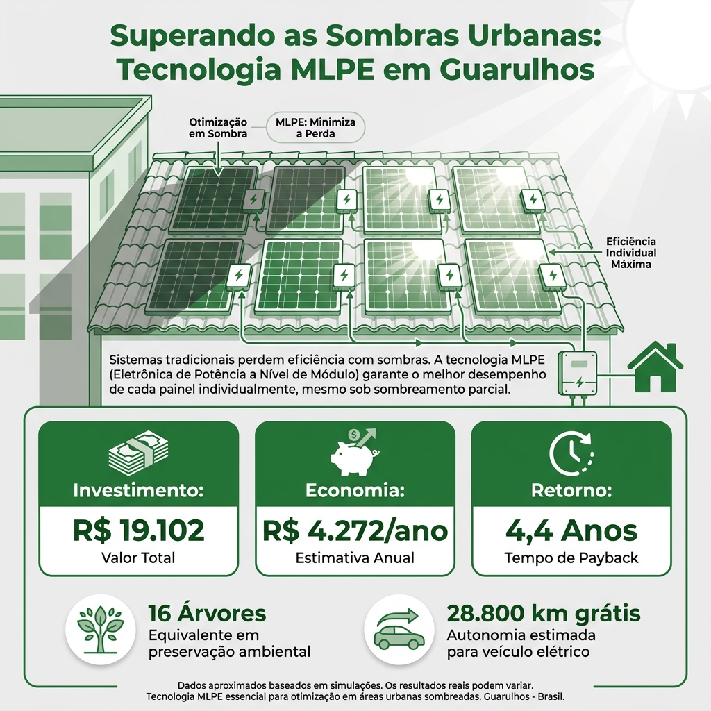 Infográfico ilustrando a economia acumulada e o payback de 4,4 anos do projeto solar em Guarulhos