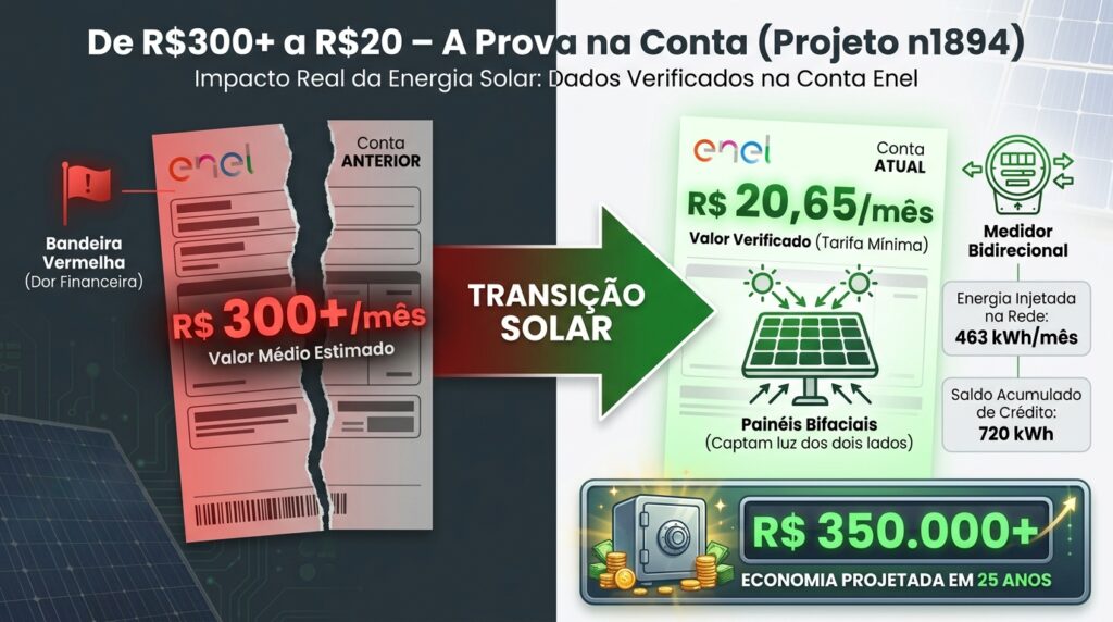 Infográfico com dados reais de geração e economia do projeto residencial em SP