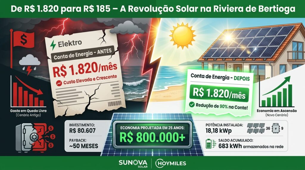 Infográfico mostrando a redução de R$ 1.820 para R$ 185 na conta de luz em Bertioga