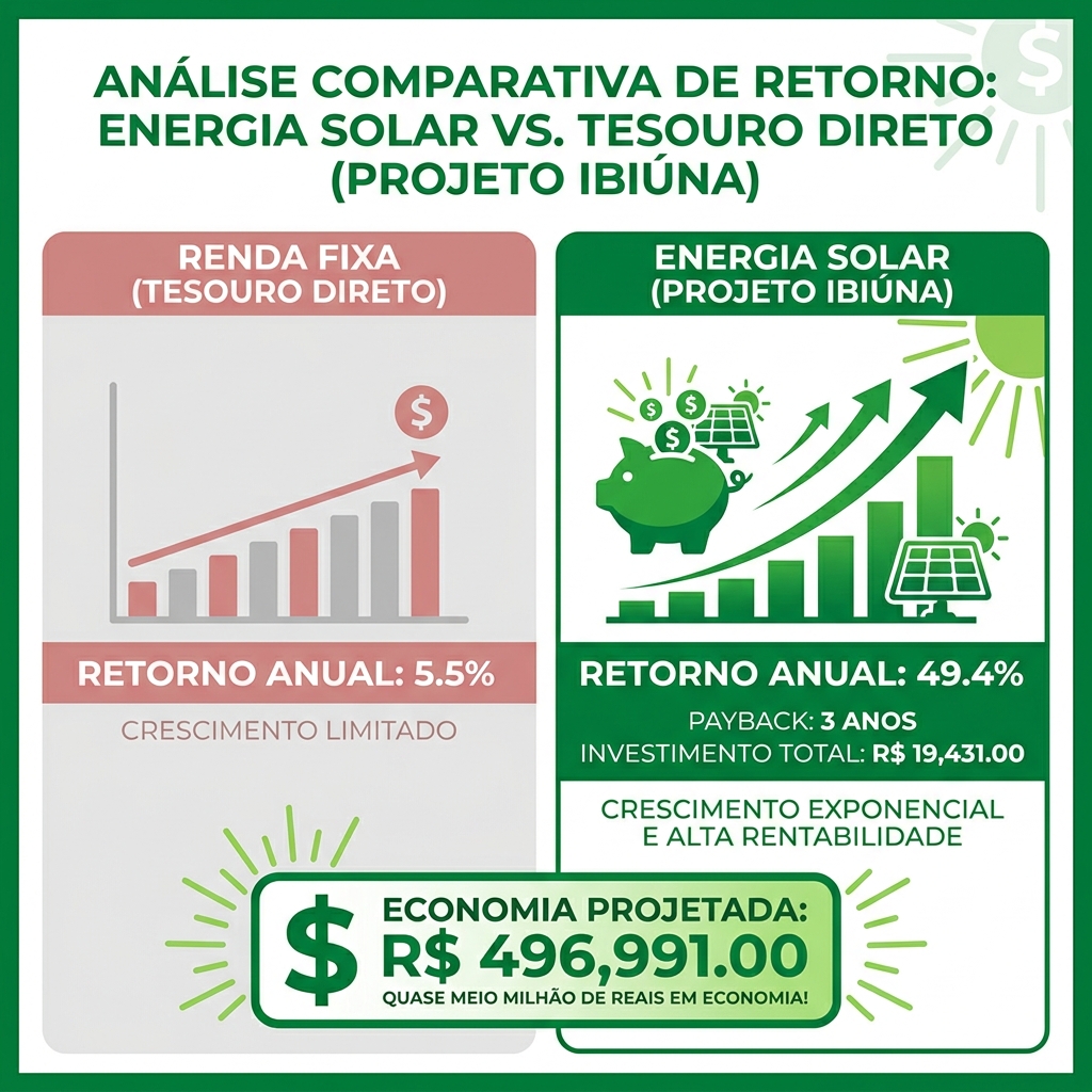 Infográfico comparando o retorno financeiro de energia solar contra o Tesouro Direto