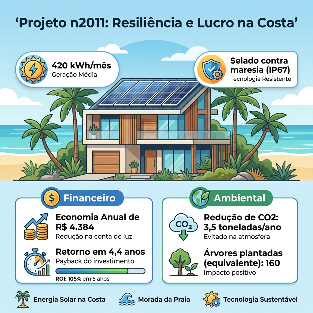 Infográfico ilustrando a economia acumulada e o payback de 4,4 anos do projeto solar em Bertioga
