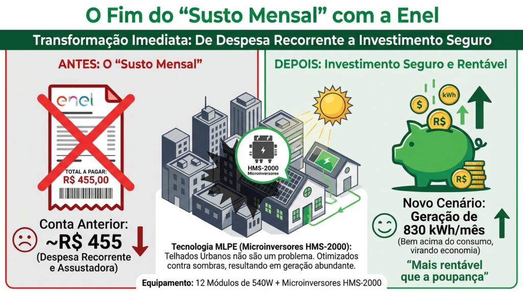 Infográfico ilustrando a redução drástica da conta de energia em São Paulo