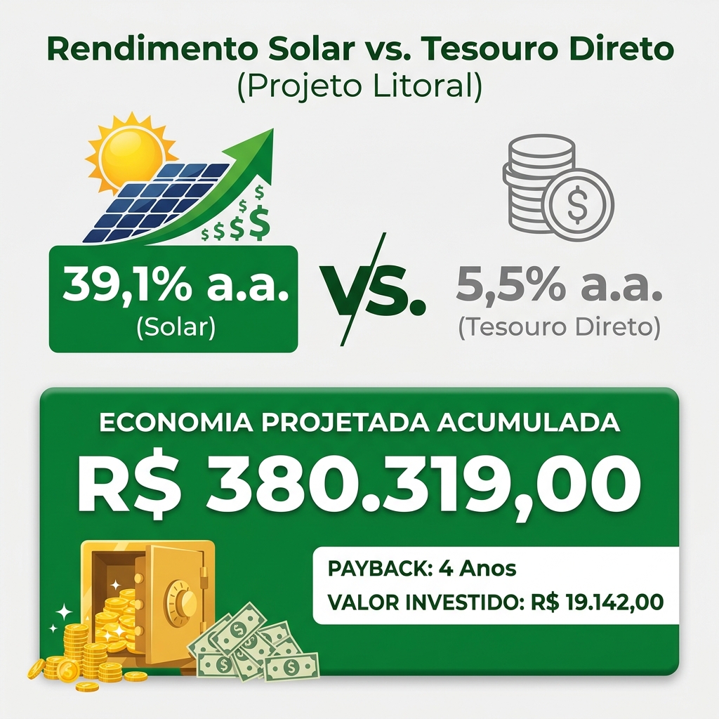 Infográfico comparativo do rendimento do investimento em energia solar em Bertioga