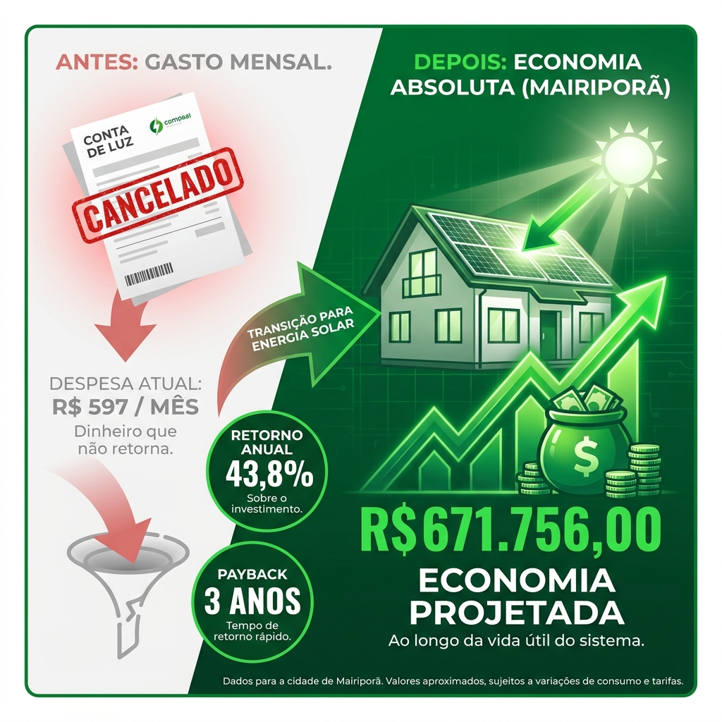 Infográfico detalhando a projeção de 670 mil reais em economia gerados pelo sistema solar
