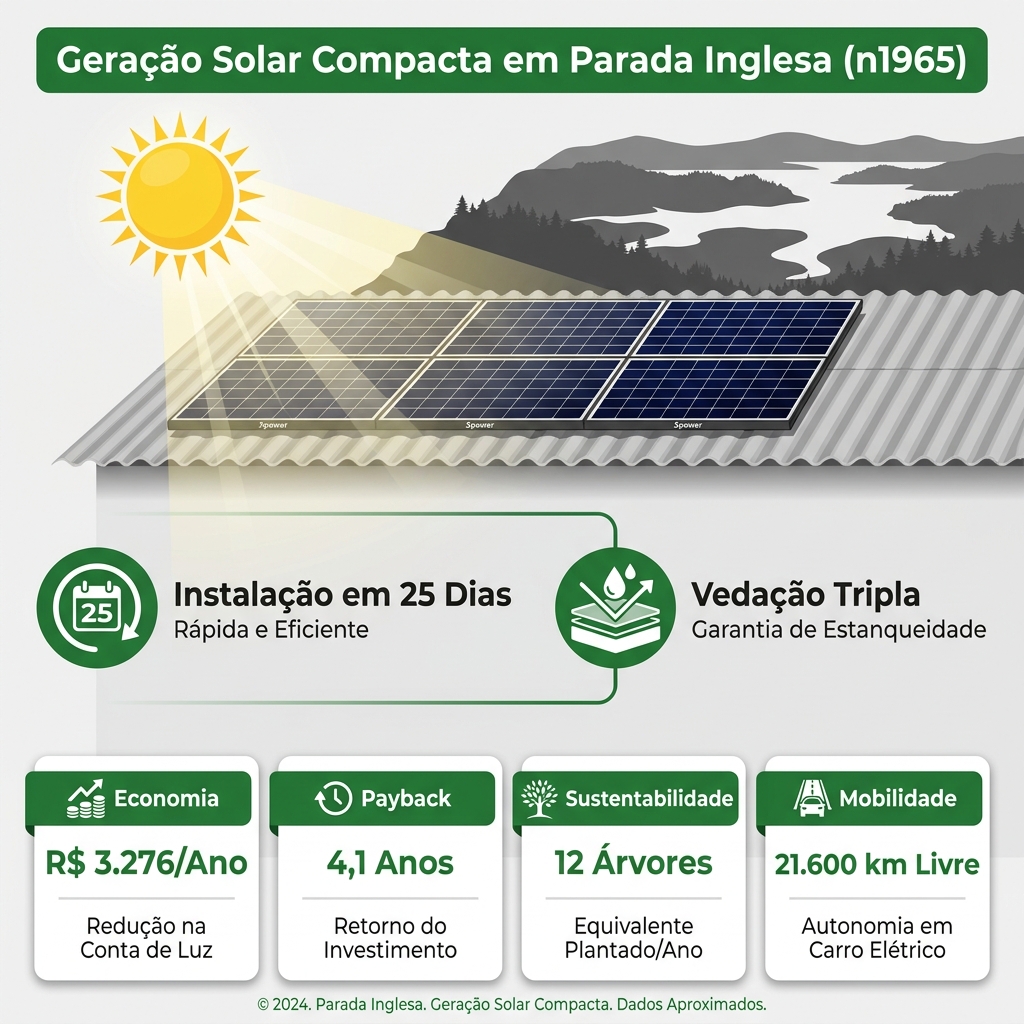 Infográfico detalhando a economia de R$ 3.200 ao ano e o payback de 4,1 anos do projeto solar na Parada Inglesa
