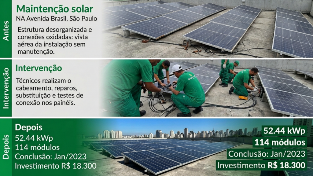 Infográfico mostrando o impacto de strings mal distribuídas na geração de uma usina solar de 52 kWp
