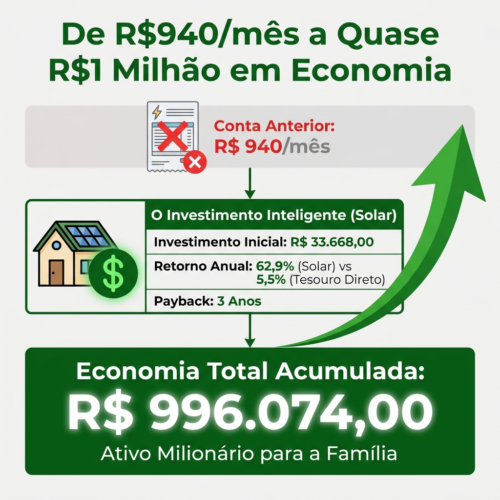 Infográfico mostrando a economia projetada de quase R$ 1 milhão com energia solar em São Paulo