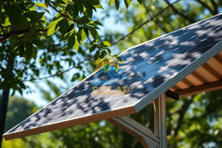 Painel solar sendo impactado por um sombreamento de árvores.