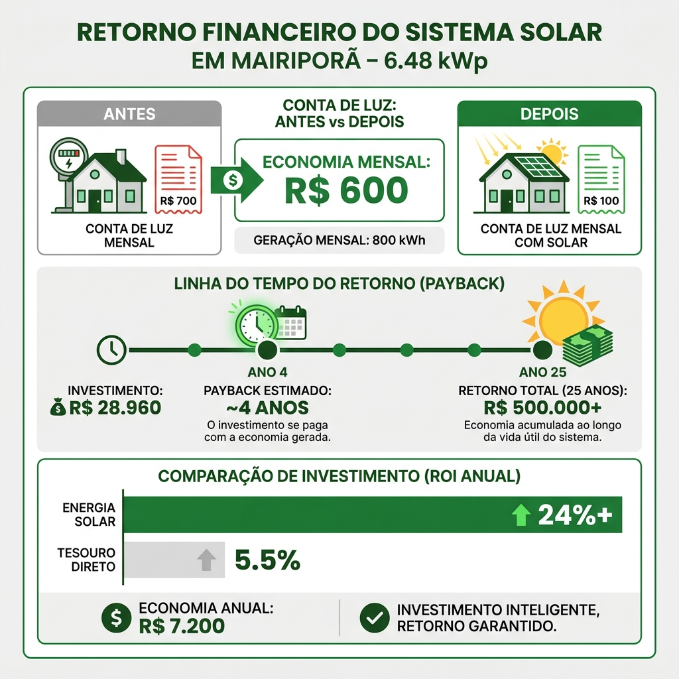 Infográfico mostrando o retorno financeiro do sistema solar: payback em 4 anos e economia de R$ 600 por mês
