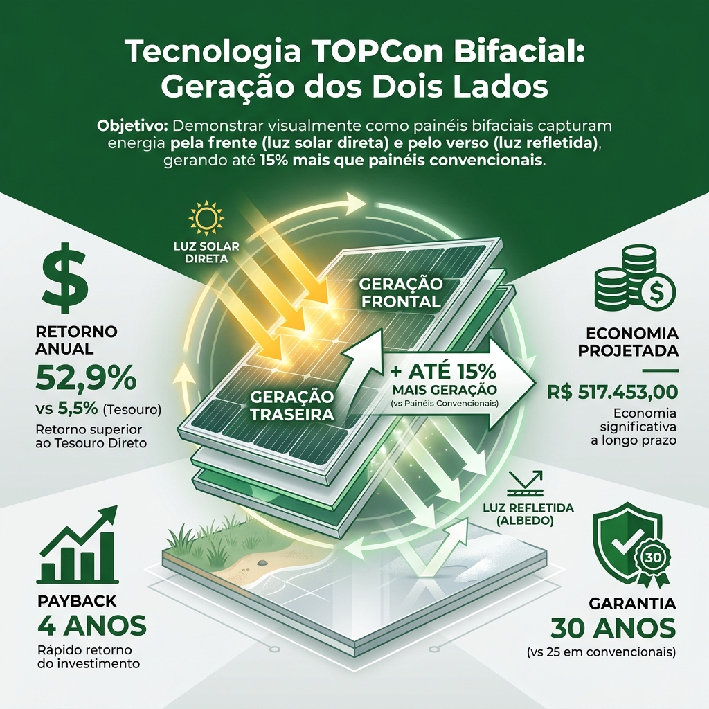 Infográfico demonstrando a economia projetada de R$ 517 mil com energia solar em São Paulo