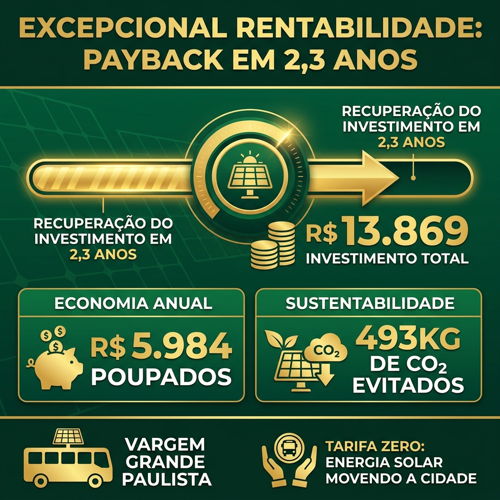 Infográfico ilustrando a economia anual de R$ 5.900 e o payback de 2,3 anos do projeto solar em Vargem Grande Paulista