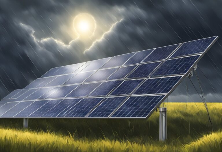Painéis solares sendo atingidos por granizo, ventos fortes e chuva intensa.