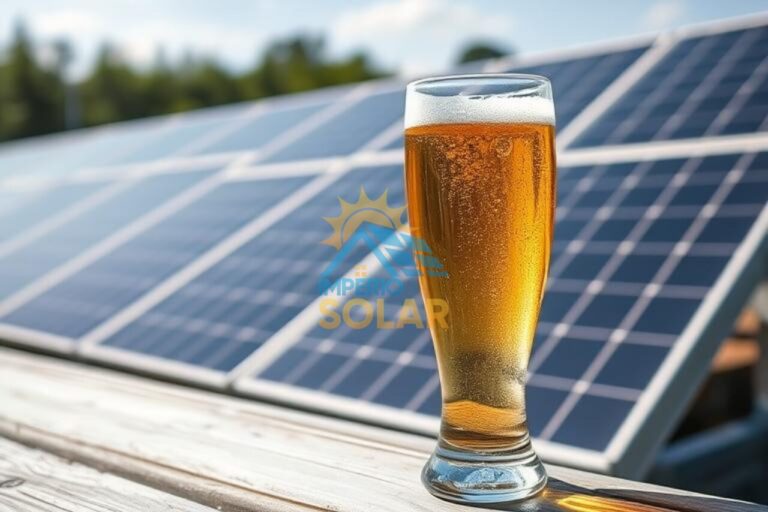 Um copo de cerveja gelado com painéis solares ao fundo