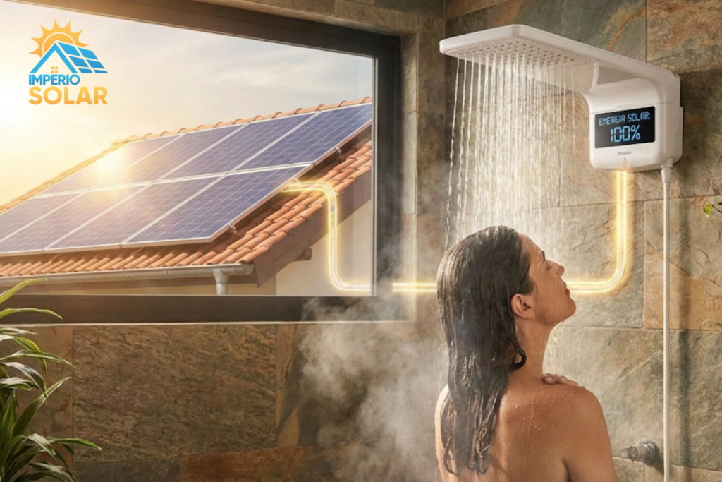 Uma mulher tomando banho com painéis solares ao fundo no telhado.