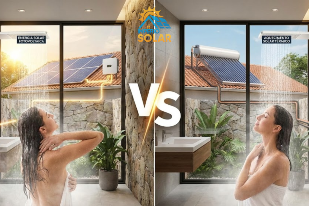 De um lado um banheiro com chuveiro elétrico saindo água com uma mulher tomando banho, e ao fundo da janela desse banheiro placas solares carregando energia para esse chuveiro. Do outro lado, um banheiro com chuveiro elétrico saindo água com uma mulher tomando banho, e ao fundo da janela um boiler (reservatorio) de aquecimento de agua. Coloque um comparativo "VS"