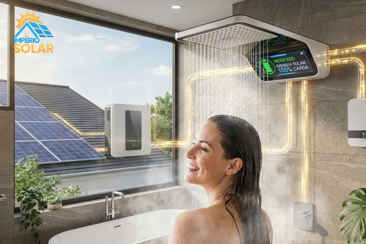 Um banheiro com chuveiro elétrico saindo água com uma mulher tomando banho, e ao fundo da janela desse banheiro placas solares carregando energia para esse chuveiro e que seja um chuveiro que representando inteligencia.