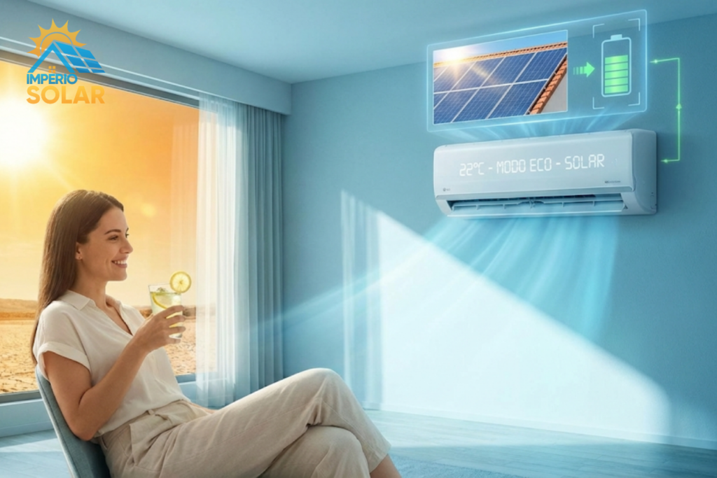 Uma mulher desfrutando de um refresco e um ar condicionado ligado, com um calor extremo fora da casa.