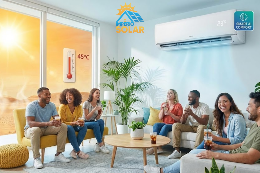 Ar condicionado com a temperatura em 23 graus e pessoas com a saúde e sorridentes com uma paisagem de fundo com arvores e flores