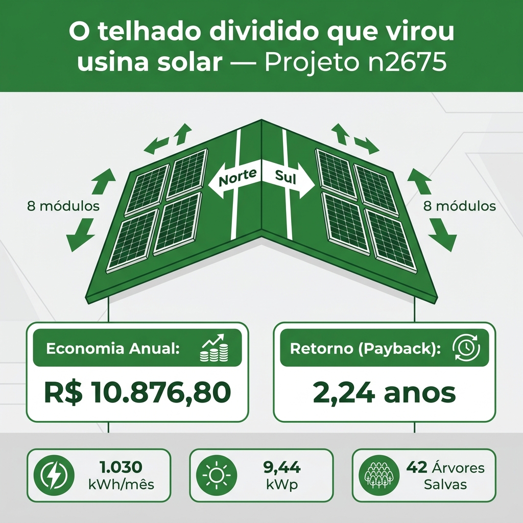 Infográfico de retorno financeiro do projeto solar de 9,44 kWp no Parque Flamengo, Guarulhos – economia de R$ 10.800 ao ano