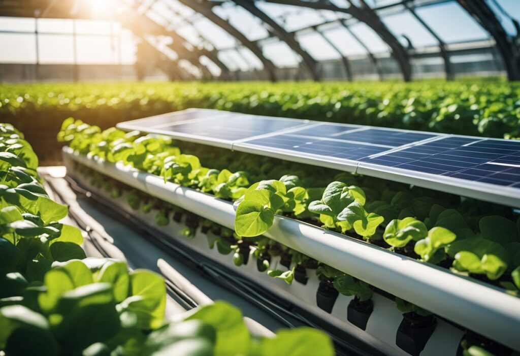 Um sistema hidropônico movido a energia solar, com plantas verdes exuberantes crescendo sob a luz do sol. A configuração é limpa e eficiente, mostrando o futuro da agricultura sustentável