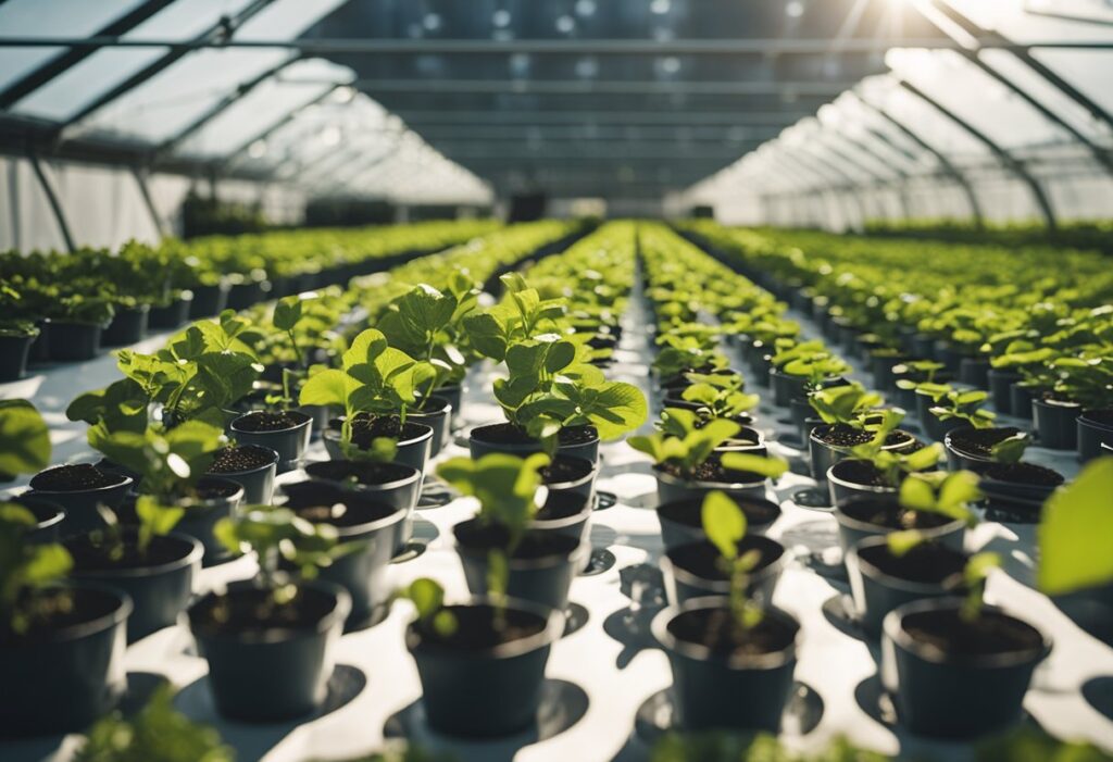 Um sistema hidropônico solar é montado com plantas crescendo sob o sol, cercados por entusiastas da energia verde ansiosos por aprender mais sobre fontes de alimentos sustentáveis