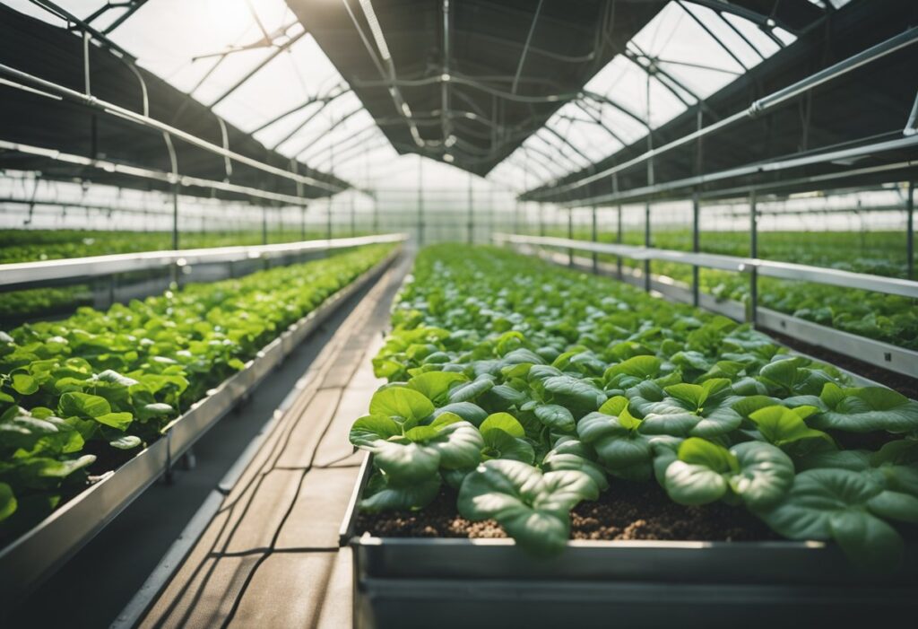 Uma fazenda hidropônica movida a energia solar com plantas verdes exuberantes prosperando sob o sol, mostrando o potencial para a produção sustentável de alimentos
