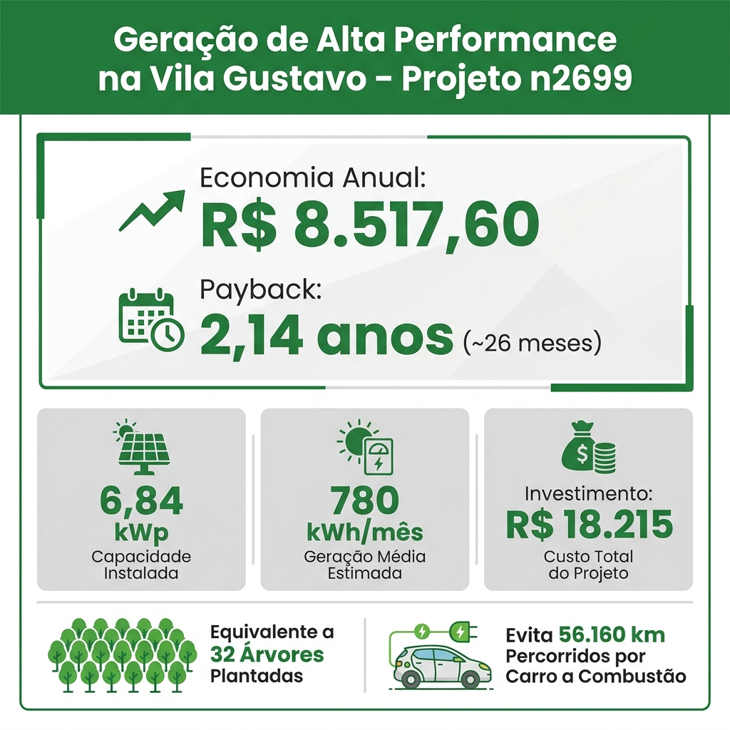 Infográfico exibindo a economia anual de R$ 8.500 e payback de 2,1 anos do sistema solar de 6,84 kWp na Vila Gustavo