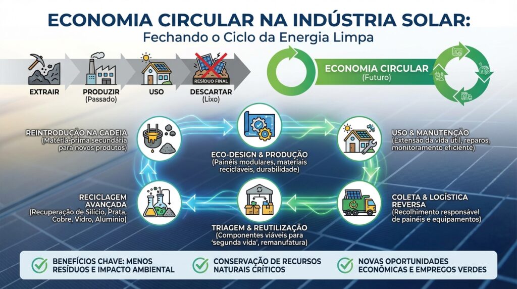 Infográfico sobre energia solar - Economia circular na indústria solar Benefícios e estratégias de implementação