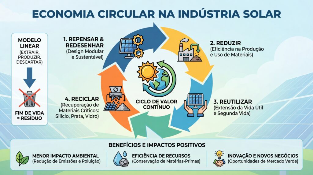 Infográfico sobre energia solar - Economia circular na indústria solar Benefícios e estratégias de implementação v2