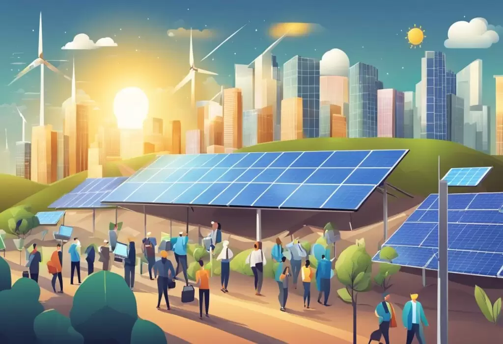 Um movimentado mercado de ações com painéis solares e símbolos financeiros sustentáveis