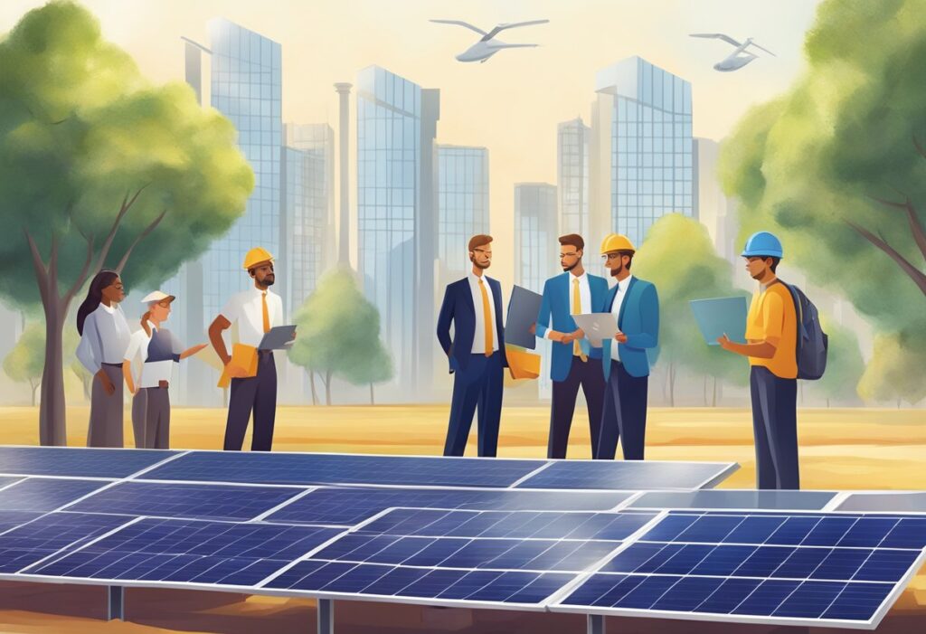 Uma equipe de finanças corporativas avalia investimentos em energia solar, pesando riscos e tomando decisões de financiamento sustentáveis