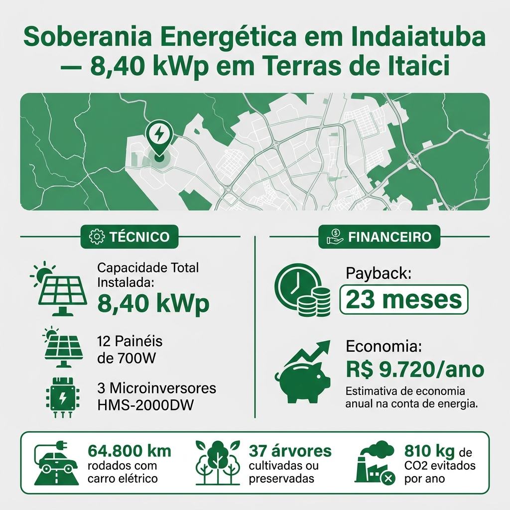 Infografico: Com a tarifa residencial da CPFL Paulista em torno de R$ 0,90 por kWh e um sistema capaz de gerar 900 kWh por mês, os números financeiros deste projeto são bastante expressivos: