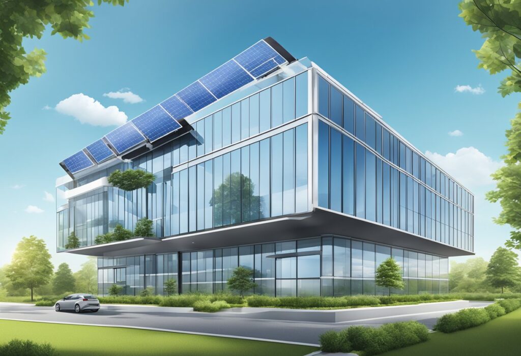 Um moderno edifício de escritórios com painéis solares no telhado, rodeado de vegetação e céu azul claro