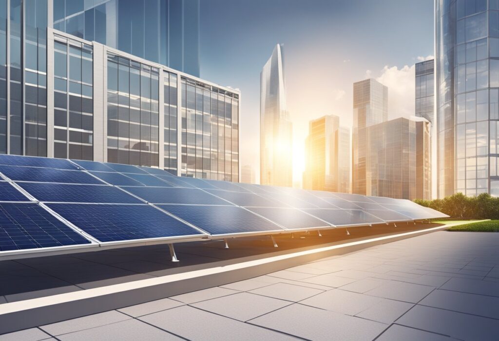 Um conjunto de painéis solares alimentando um edifício corporativo, com gráficos financeiros e símbolos de investimento em segundo plano