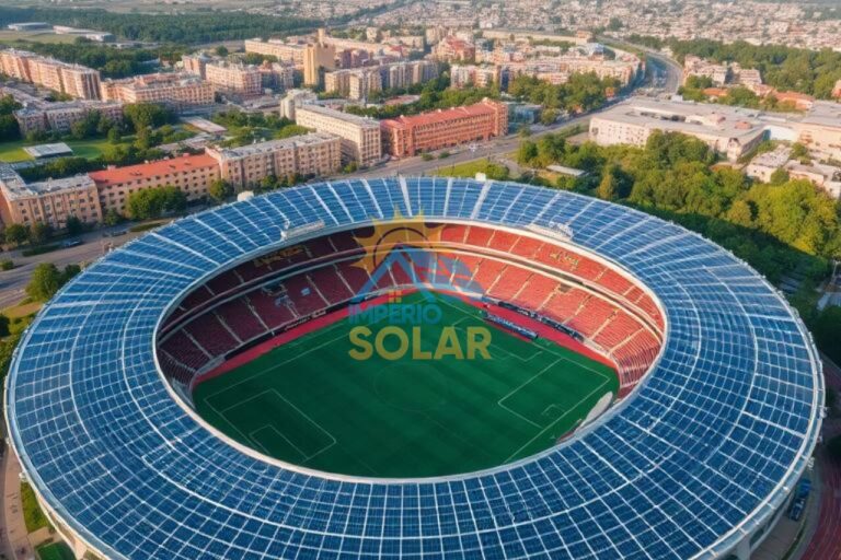 Estadio de futebol visto de cima com placas solares como cobertura