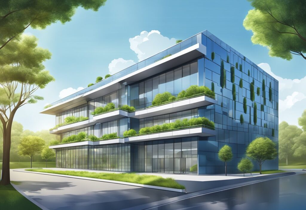 Um edifício de escritórios moderno com painéis solares no telhado, rodeado por vegetação e um céu azul claro