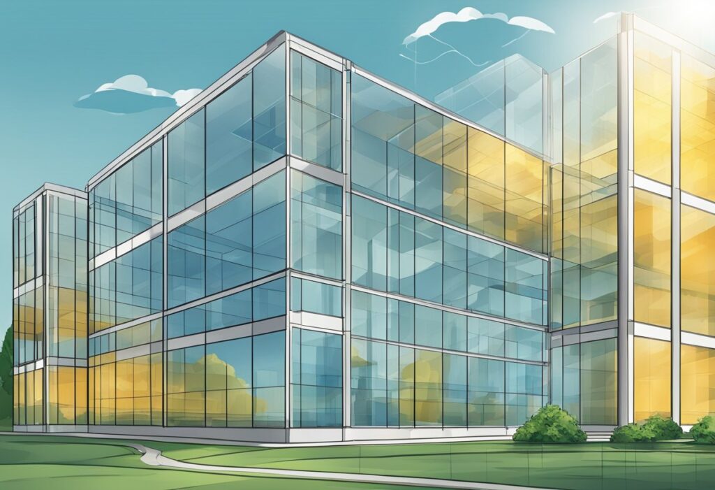 Um conjunto de painéis solares em um edifício corporativo, com símbolos claros de governança e transparência. Nenhuma presença humana