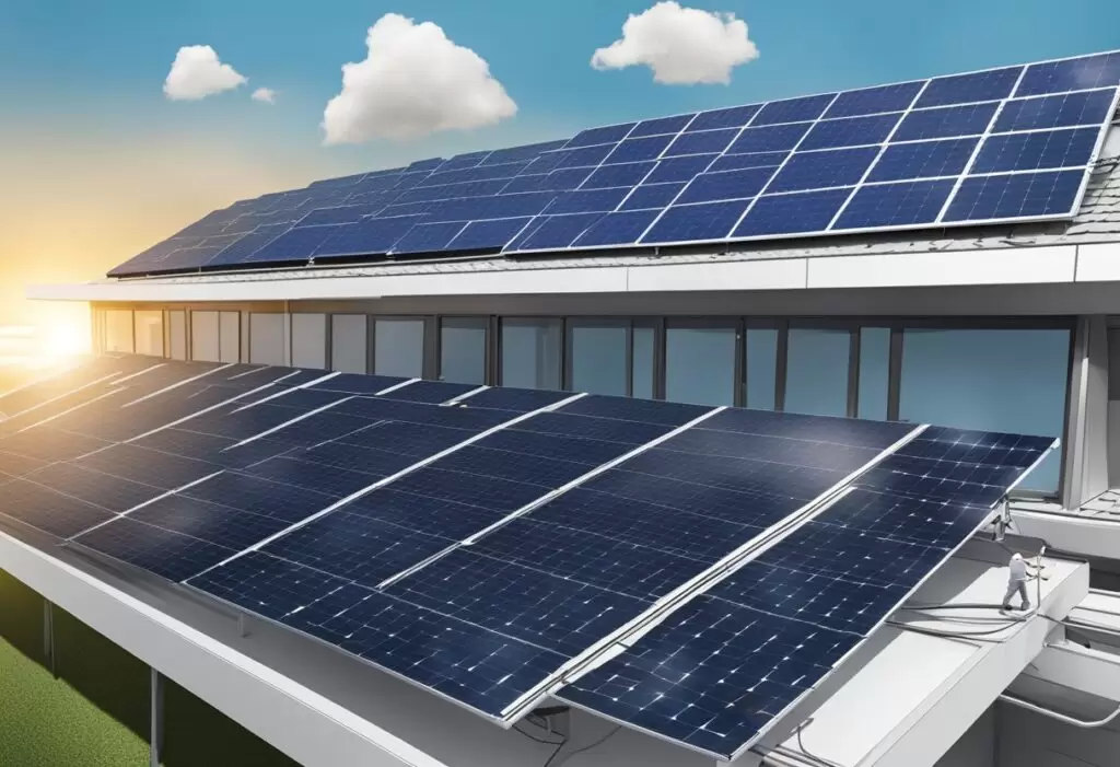 Um painel solar sendo instalado em um prédio corporativo com logotipos de financiamento e investimento ao fundo